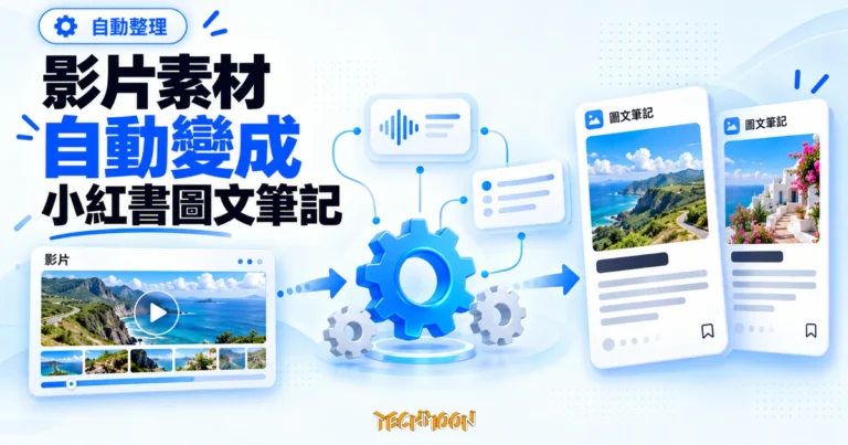 TechMoon 精選圖｜Video Note Generator 概念圖，影片素材經齒輪與自動化流程轉成小紅書風格的圖文筆記卡片