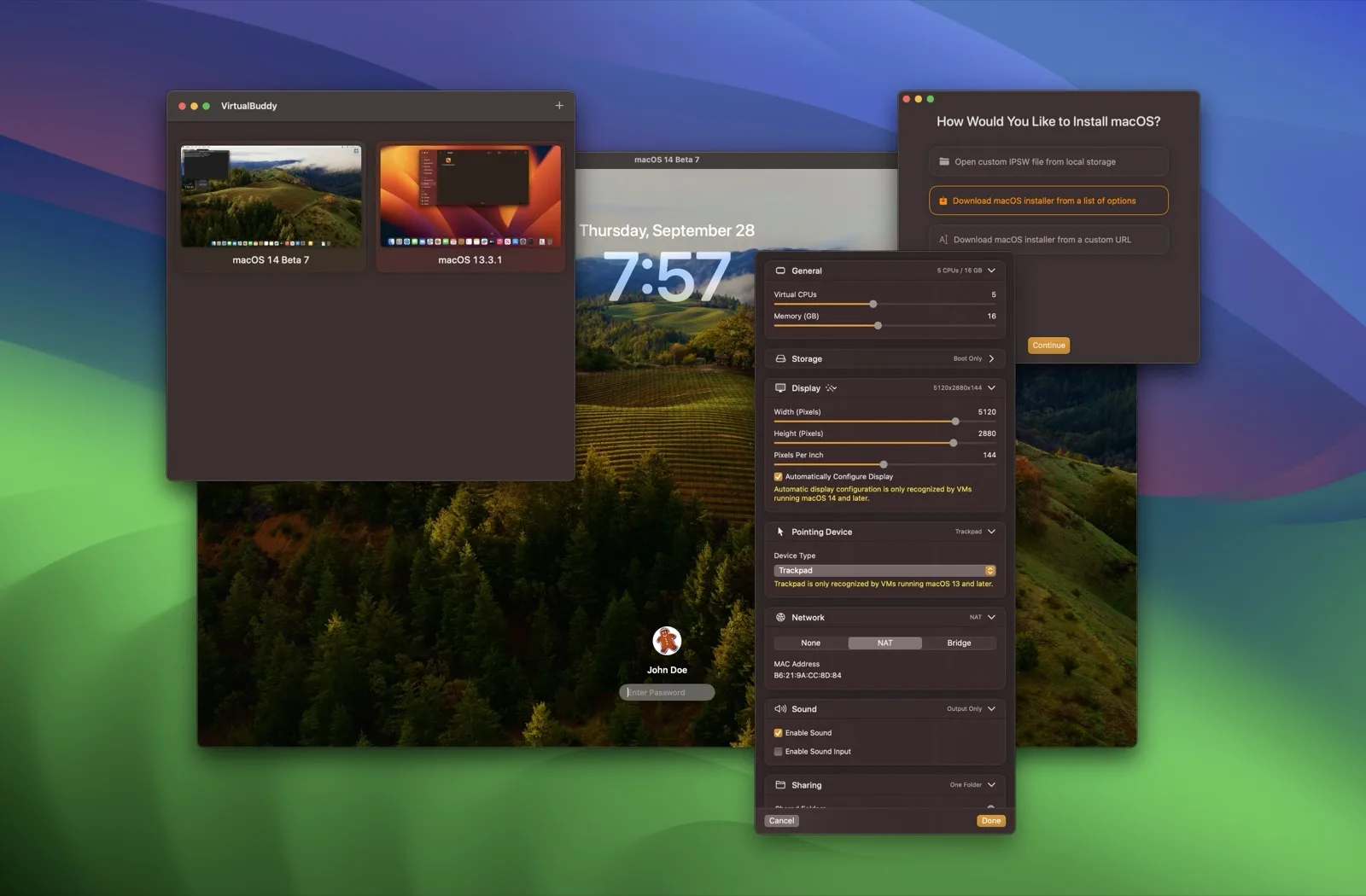 VirtualBuddy 官方展示圖，左側為虛擬機清單列有 macOS 14 Beta 7 與 macOS 13.3.1 兩台 VM，中間為虛擬機設定面板可調整 CPU 記憶體與顯示解析度，右上角為 macOS 安裝來源選擇視窗