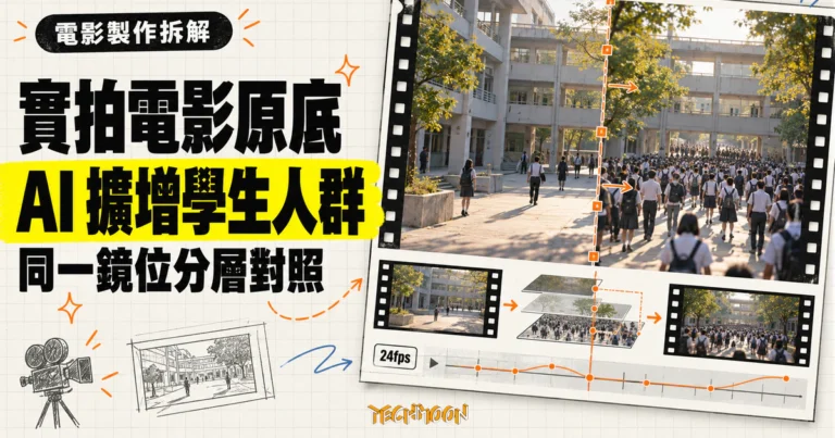 TechMoon 精選圖｜《Volcano High》電影製作分層概念，左側呈現 24fps 實拍原底，右側呈現 AI 生成擴增後的學生人群。