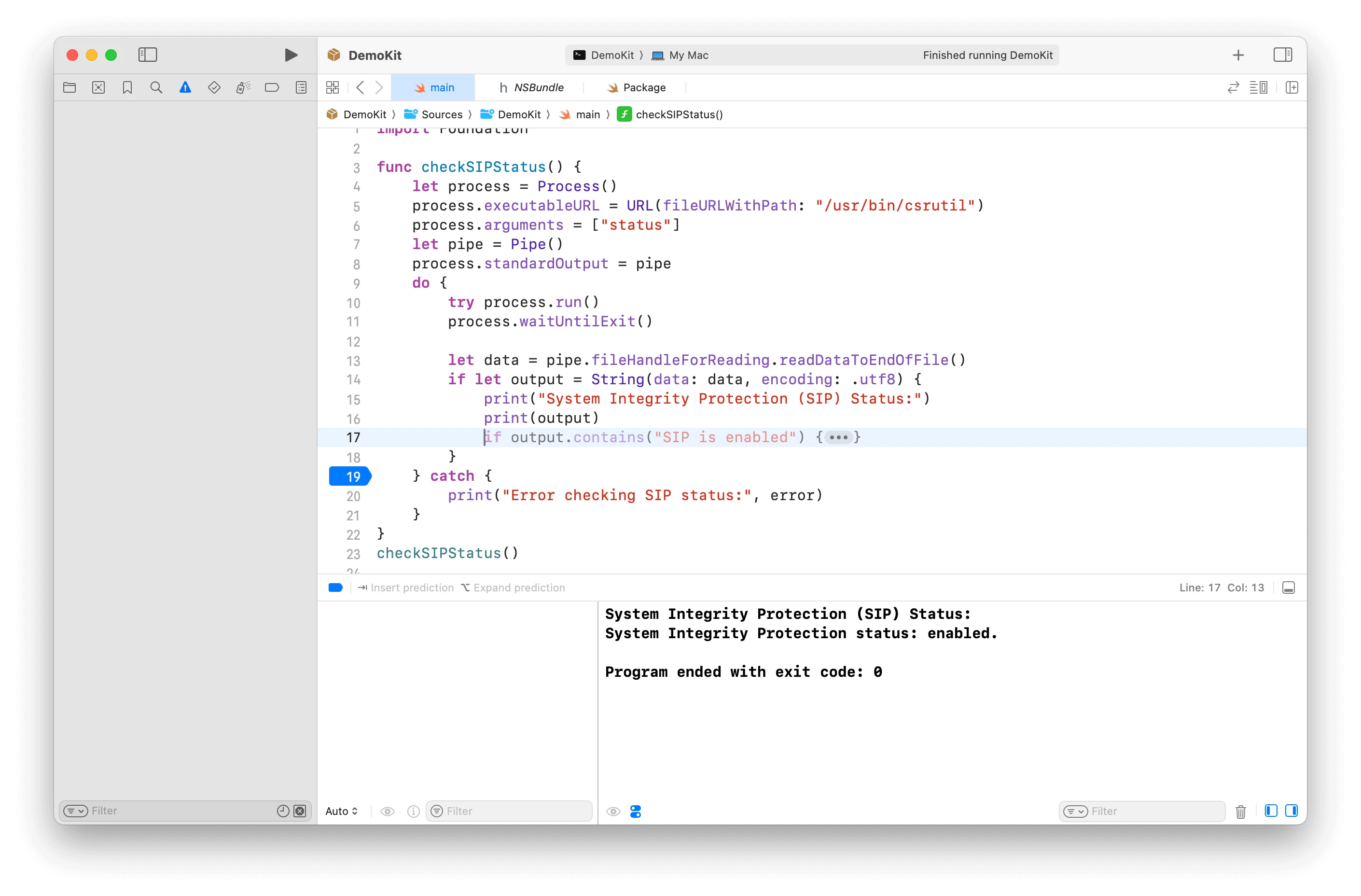 Xcode 專案示範以 Swift 查詢 SIP 狀態，主控台顯示 enabled