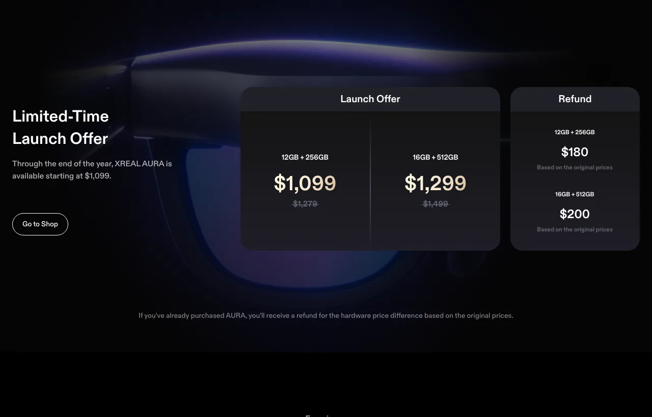 XREAL AURA 上市,把 Android XR 多視窗工作放進眼鏡帶著走 2 XREAL 官方產品頁的限時上市優惠區塊,左側標題 Limited-Time Launch Offer 與說明文字 Through the end of the year, XREAL AURA is available starting at $1,099,右側 Launch Offer 卡片列出 12GB+256GB 原價 1,279 美元劃掉、優惠 1,099 美元,16GB+512GB 原價 1,499 美元劃掉、優惠 1,299 美元,Refund 卡片列出已購者退款 180 與 200 美元,說明依原價計算差價