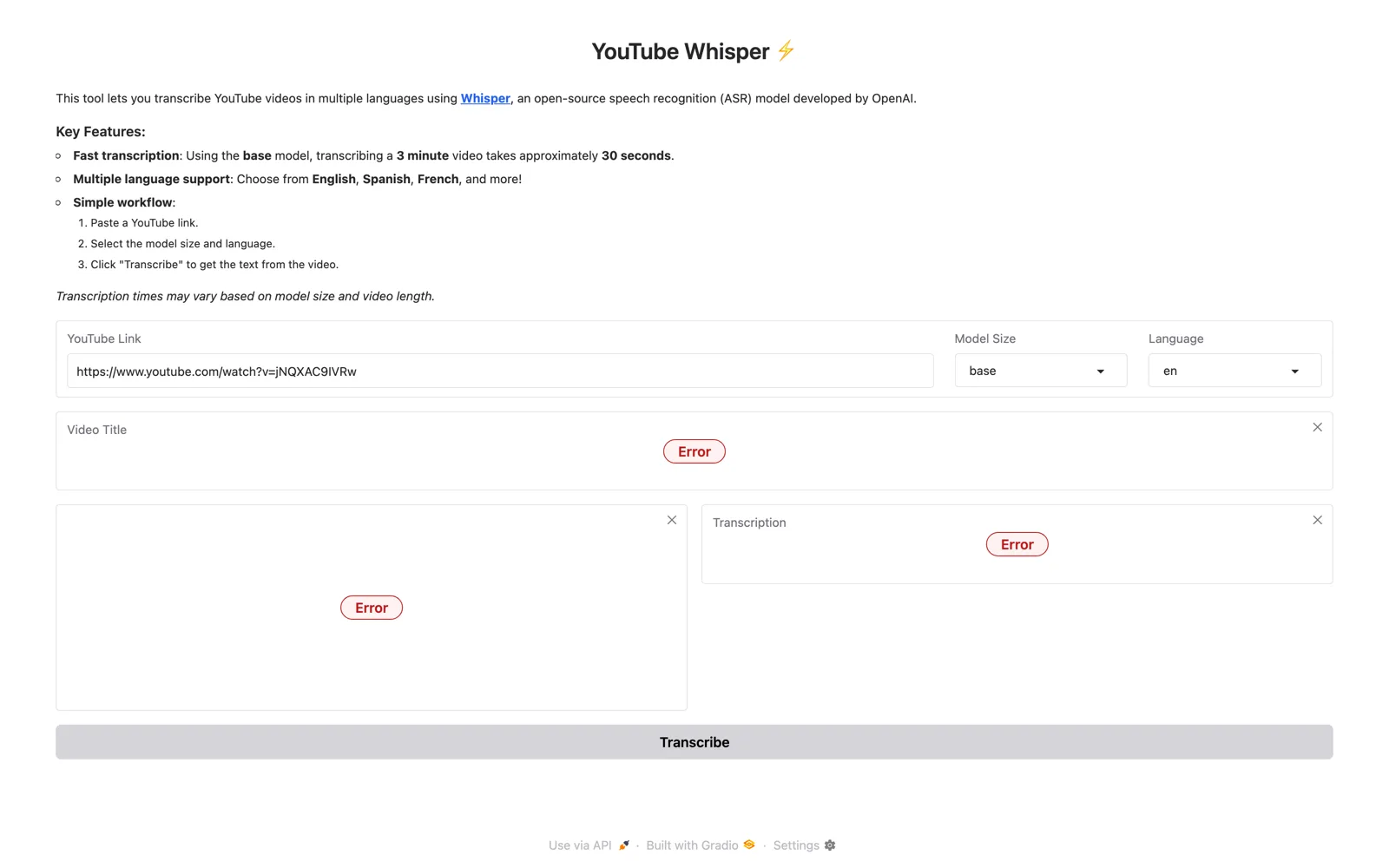 YouTube 逐字稿開源工具 Youtube-Whisper 實測:自己架反而快 4 轉錄失敗後的 Youtube-Whisper 介面,Video Title 與 Transcription 欄位空白,畫面出現三個沒有說明文字的 Error 標記