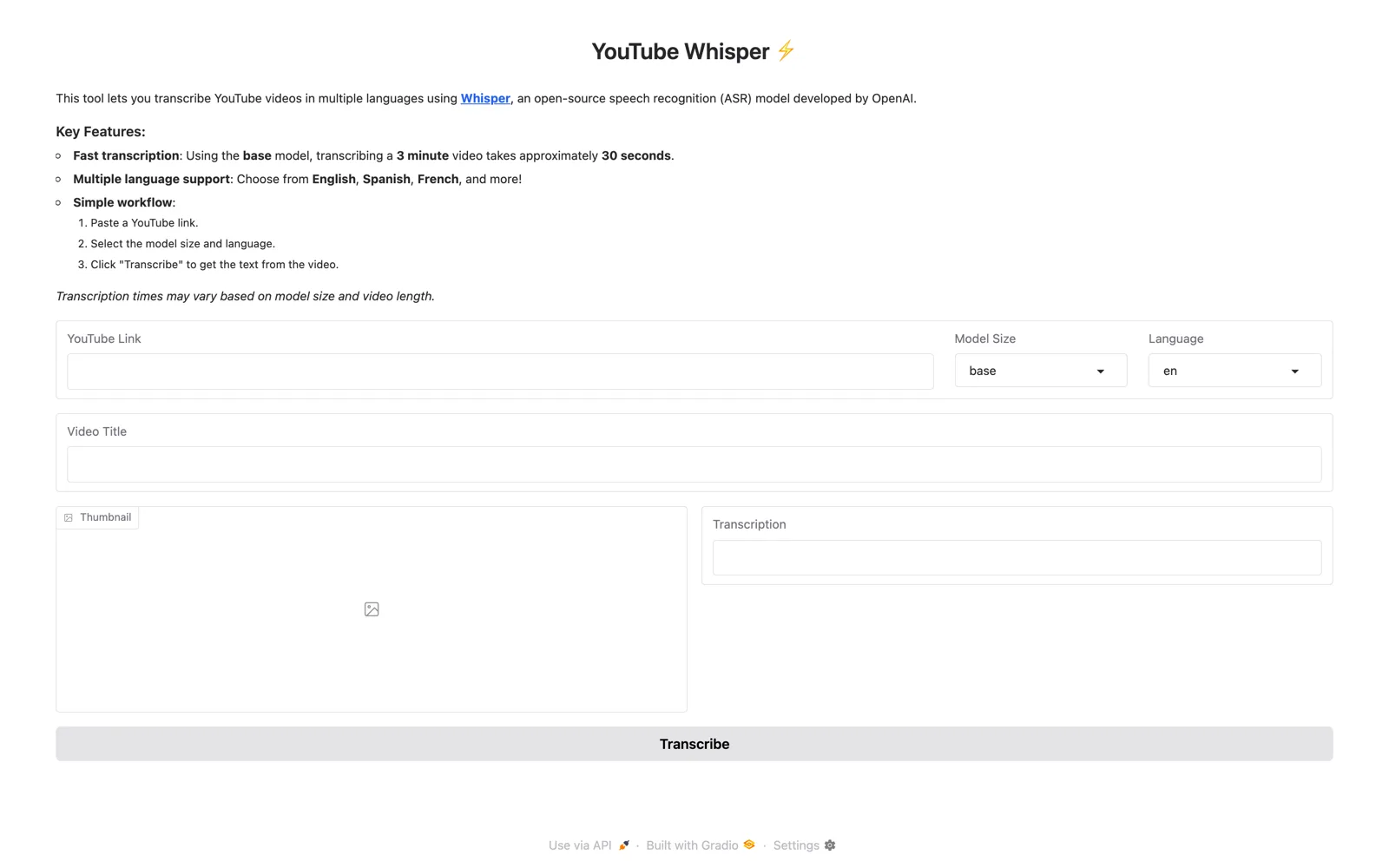 YouTube 逐字稿開源工具 Youtube-Whisper 實測:自己架反而快 2 Youtube-Whisper 在 Hugging Face Space 上的操作介面,有 YouTube Link 輸入欄、Model Size 與 Language 下拉選單和 Transcribe 按鈕