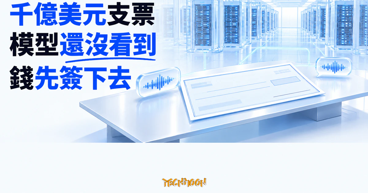 祖克柏談千億美元 AI 支票:模型還沒看到,錢先簽下去 1 TechMoon 精選圖|長桌上的巨型支票與資料中心機房輪廓,呈現模型出現前先做千億美元 AI 投資決策